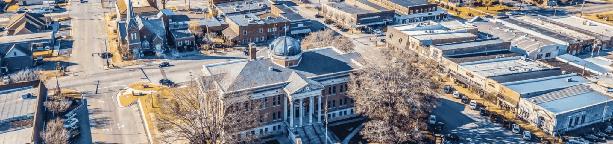 Drone image of Downtown Athens Courthouse on a Sunny Day