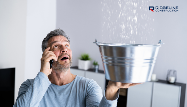 a man holding a metal bucket and talking on a phone